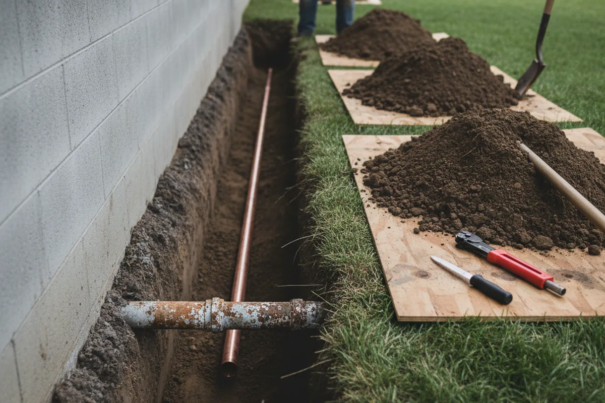 Excavated water line trench during Water Heater Repair in Hartstown
